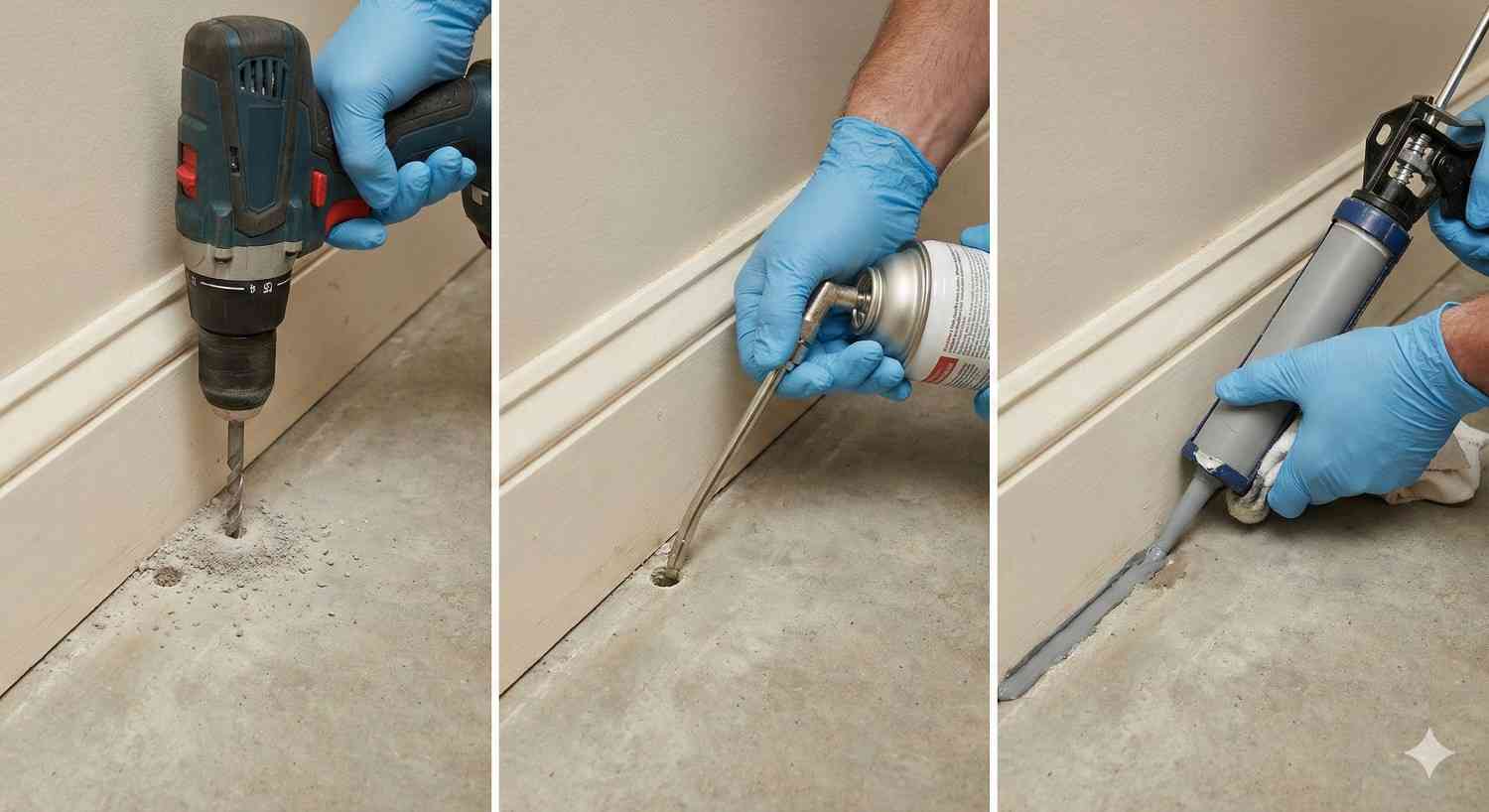 Technician drilling for post-construction termite treatment.