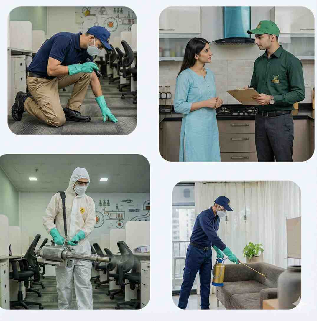 A pest control professional spraying inside a kitchen.